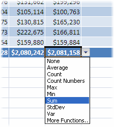 Drop-down list of functions in the Totals row