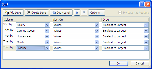 The Sort Options dialog box