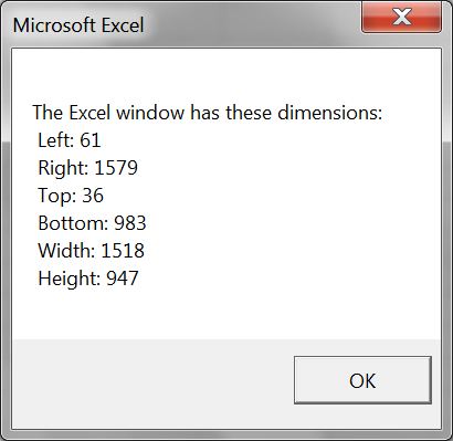 Message with the Excel window dimensions