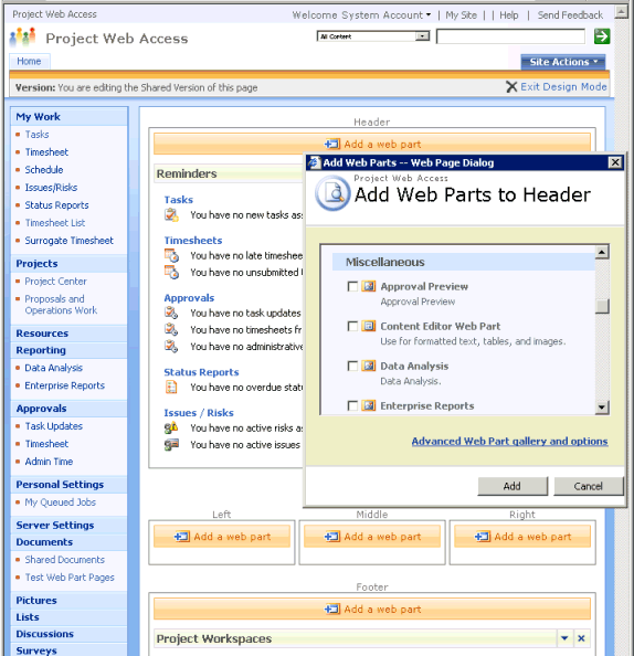 Adding a Web Part in the design view of a Project Web Access page