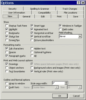 Displaying Paragraph marks in the Formatting marks section of the Options dialog box