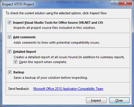 Inspect VSTO Project dialog box
