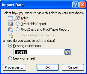 Import Data configuration window