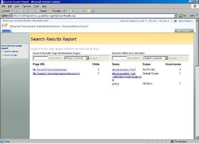 Shared Services Admin - search results report