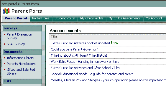 Parent portal home page