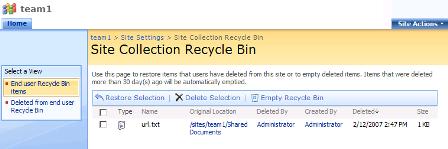 Site Collection Recycle Bin - restore items