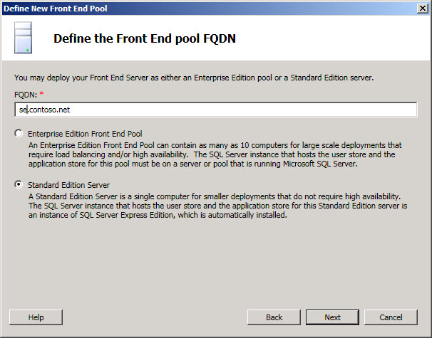 Define the Front End for Standard Edition Server