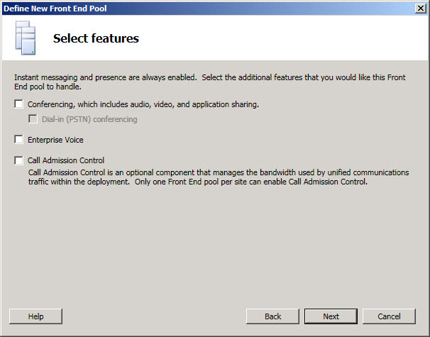 Define Front End Pool Select Features dialog box