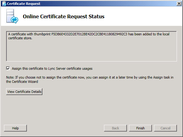 Online Certificate Request Status dialog box