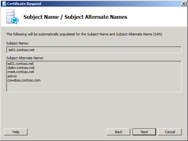 Subject Name/Subject Alternate Names dialog box