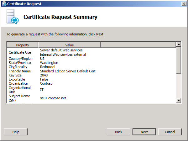 Certificate Request Summary dialog box