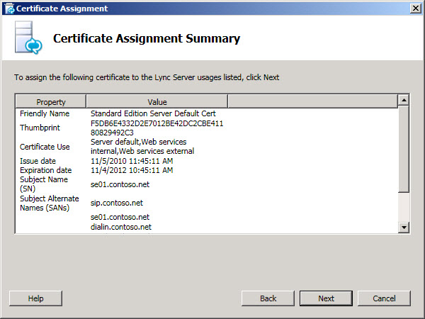 Certificate Assignment Summary dialog box