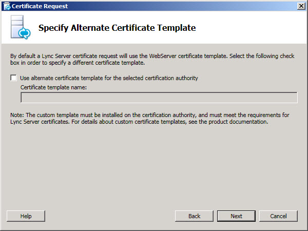 Specify Alternate Certificate Template dialog box