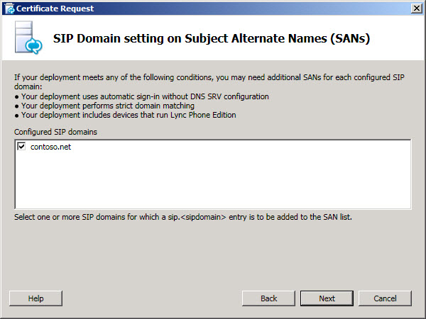 SIP Domain Setting on SAN dialog box
