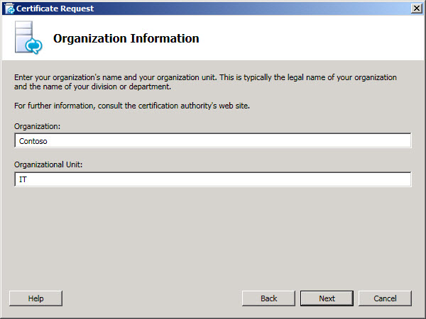 Organization Information dialog box
