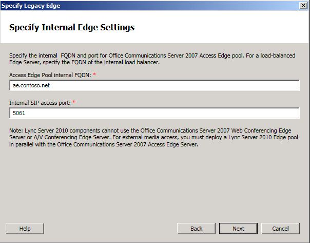 Specify Internal Edge Server Settings dialog box