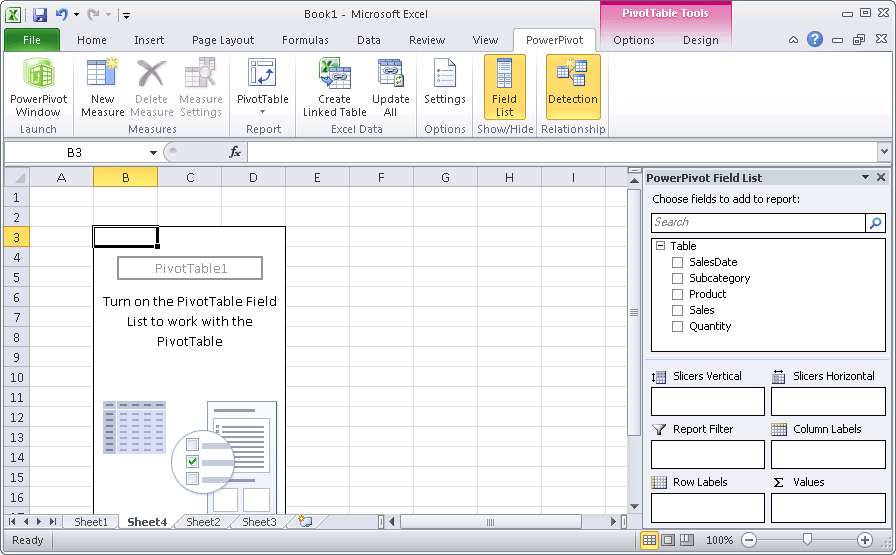 PowerPivot tab in Excel with callouts