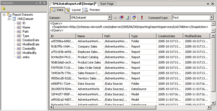 screenshot showing dataset fields and query result