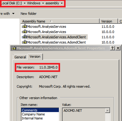 ADOMD.NET File version dialog box