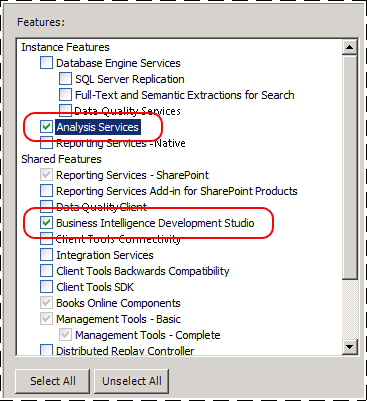 Setup feature tree showing Analsyis Services