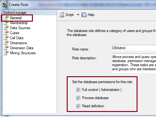 Create role dialog showing database permissions