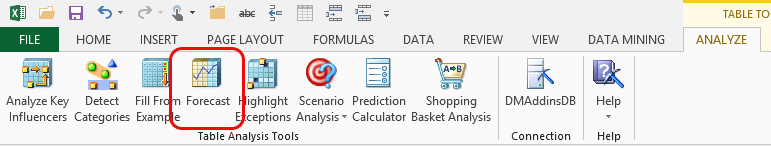 Forecast button in Table Analysis tools ribbon