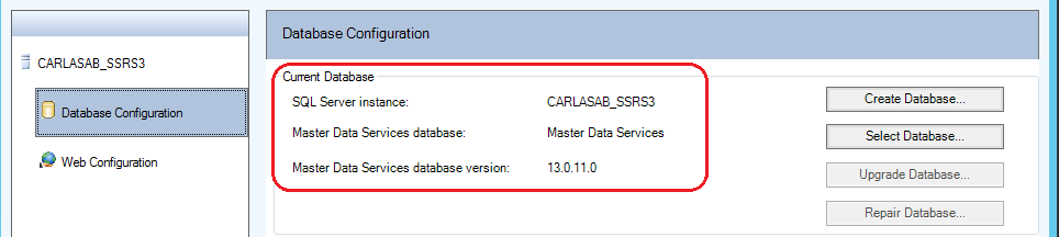 Database Configuration page in the Configuration Manager shows a completed database setup.