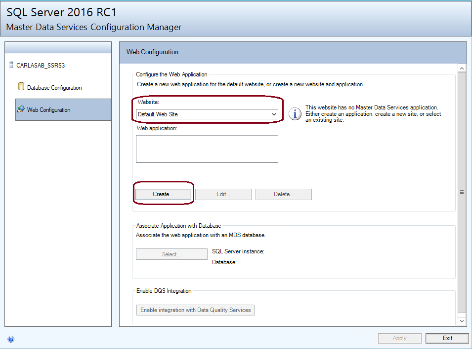 Web Configuration page in the Configuration Manager