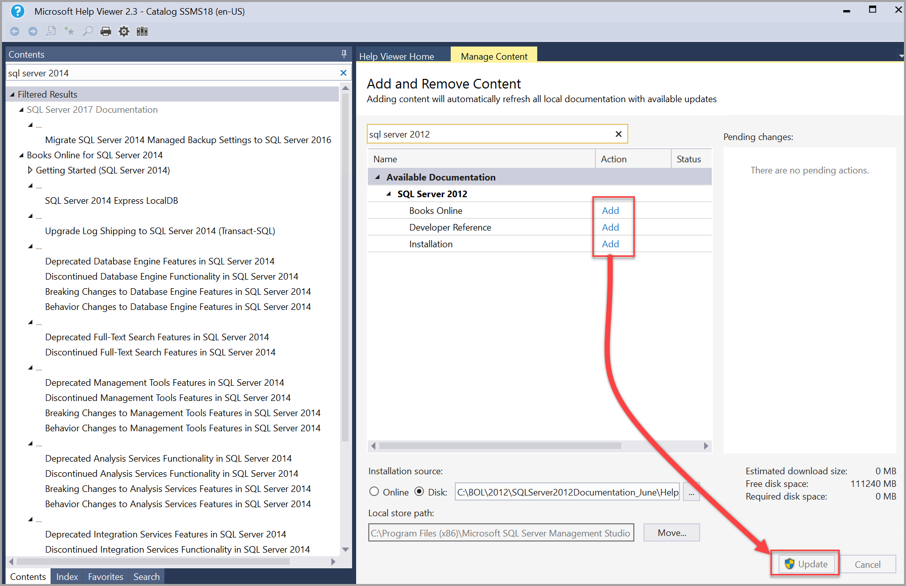 SQL Server 2014 books add and update in Help Viewer