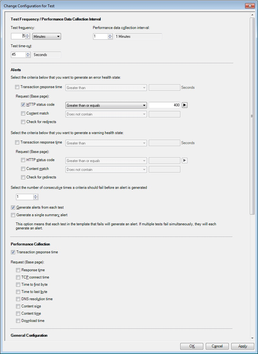 Change Configuration for Test page (top)