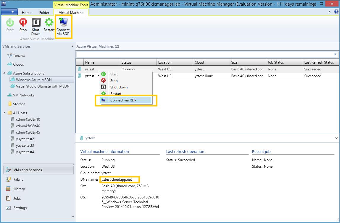 VMM ribbon: actions for Azure virtual machines