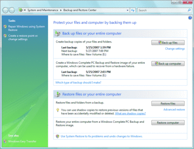 Figure 2 Backup and Restore Center provides details about previous backups