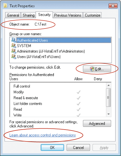 Figure 5 ACL UI dialog in Windows Vista