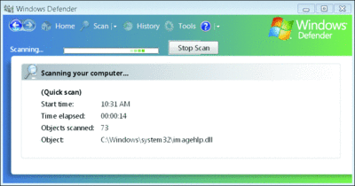 Figure 2 Windows Defender helps protect the client against spyware