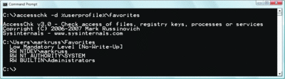 Figure 17 AccessChk showing the IL of a user’s favorites directory