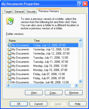 Figure 1 Shadow Copy Allows You to See Old Versions of Folder or Document