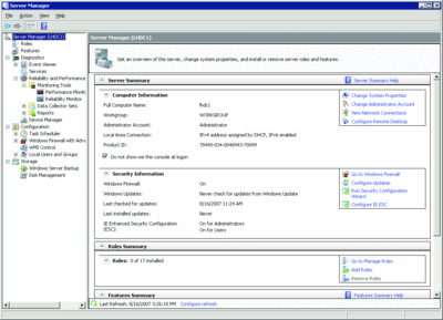 Figure 2 Server Manager in Windows Server 2008