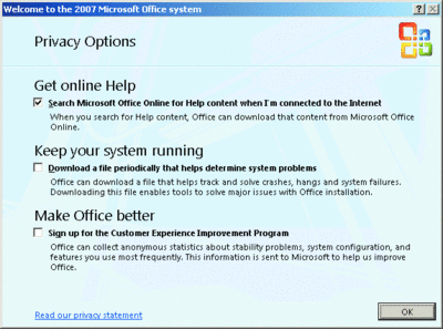 Figure 2 Privacy options dialog in the 2007 Office system