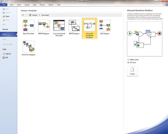 Figure 1 Using Visio 2010 to create a SharePoint workflow flowchart