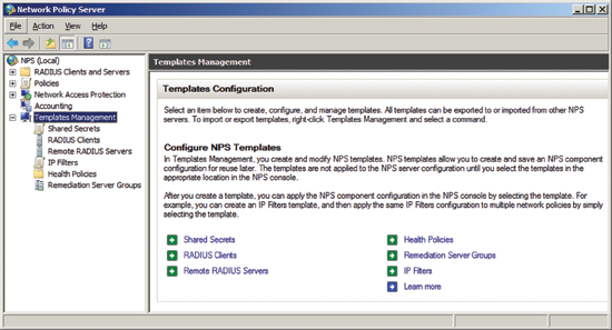 The Templates Management node in the Network Policy Server snap-in