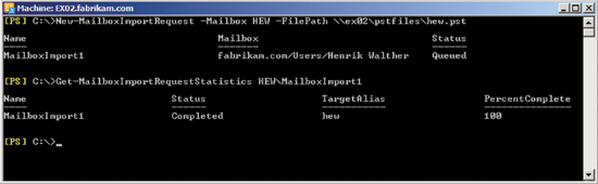 Figure 3 Importing data from a PST file to an Exchange 2010 SP1 mailbox