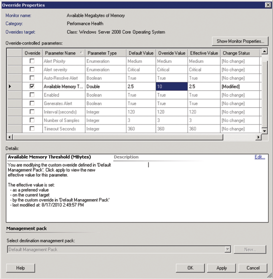 Figure 3 Tuning a monitor using Authoring mode in Microsoft System Center Essentials 2010