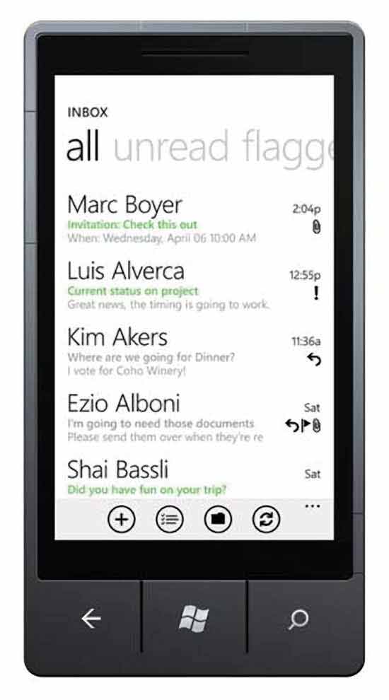 Figure 2 The Outlook Mobile Inbox on Windows Phone 7