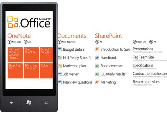Figure 3 The Office Hub on Windows Phone 7