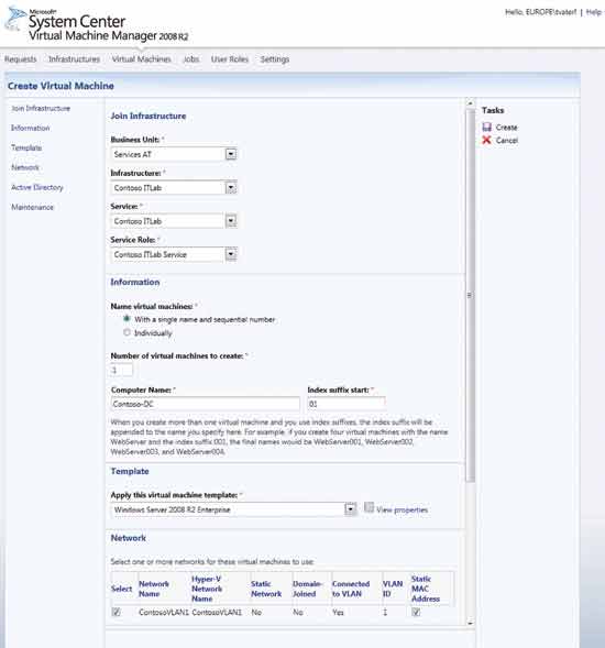 The standard form for creating a new VM with the VMM Self Service Portal