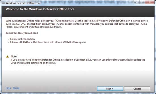 The Microsoft Windows Defender Offline Tool welcome screen lets you know what you’ll need to successfully run the tool