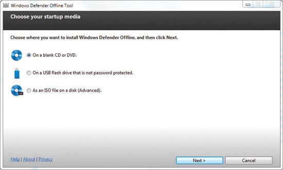 The Microsoft Windows Defender Offline Tool provides three options for media installation