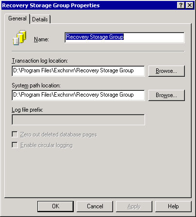 Properties dialog box for a new recovery storage