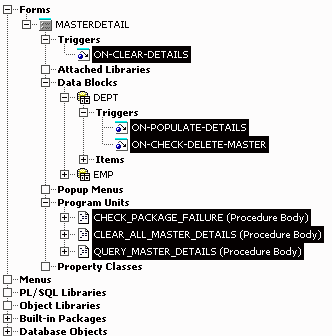Figure 17.5 Code generated by Oracle Forms Builder Data Block Wizard in creating a master-detail block
