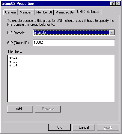 Figure 4.1. The UNIX Attributes tab for the group called tstgrp02